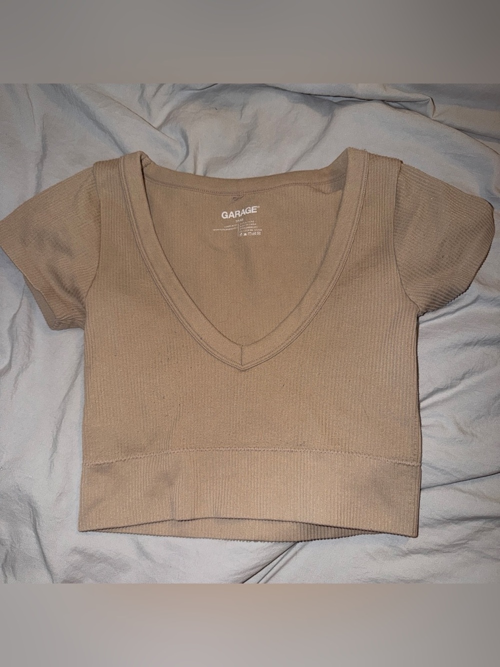 Garage Tan Ribbed V-Neck Crop Tee